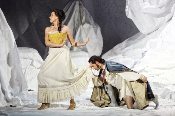 Sian Sharp as Marchesa Melibea and Shanul Sharma as Conte di Libenskof in Opera Australia’s production of Il Viaggio a Reims.