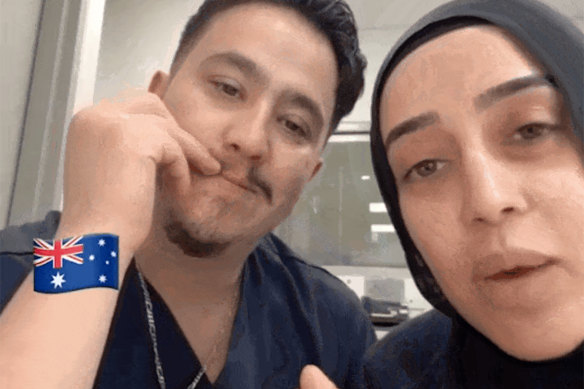 Nurses Ahmad Rashad Nadir and Sarah Abu Lebdeh in Max Veifer’s video.