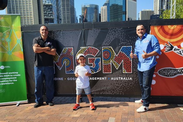 Anthony Mundine, good friend and MGM business partner Gosh Daher and Gosh’s son Jayden on Friday.