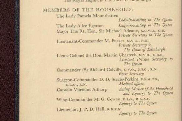 Members of the royal household for the 1954 royal visit to Australia
