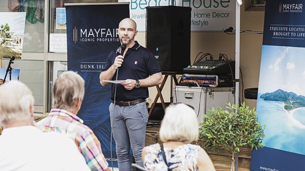 James Mawhinney talks up the Dunk Island tourism project in a Mayfair promotion.