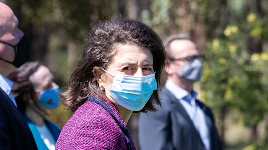 NSW Premier Gladys Berejiklian with other ministers and Coalition MPs in Western Sydney on Monday morning.
