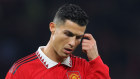 United players, including Ronaldo, celebrate after scoring against West Ham in a Premier League match.