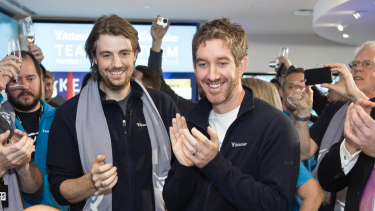 Atlassian founders Mike Cannon-Brookes and Scott Farquhar after listing on the NASDAQ.