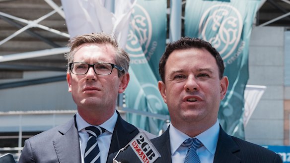NSW Treasurer Dominic Perrottet and Minister for Sport Stuart Ayres discuss the demolition of the stadium.