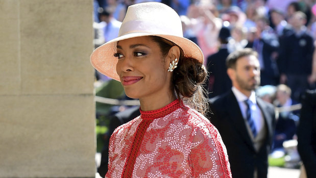 Gina Torres arrives for the wedding ceremony of Prince Harry and Meghan Markle.