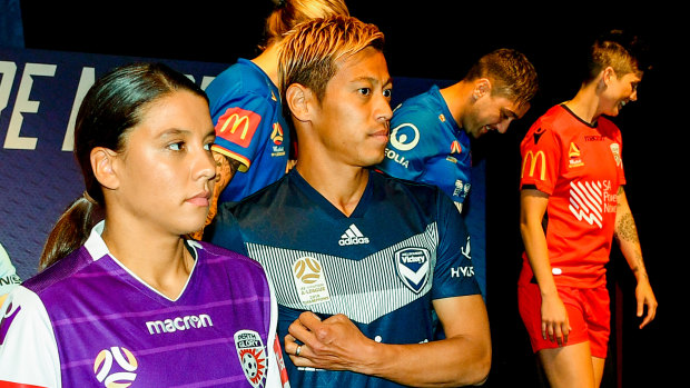 Poster players: Sam Kerr and Keisuke Honda are the faces of their respective competitions this year. 