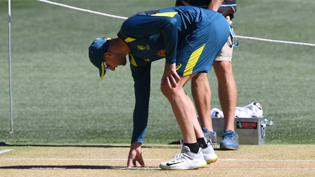 Nathan Lyon inspects the Adelaide Oval pitch on Wednesday.