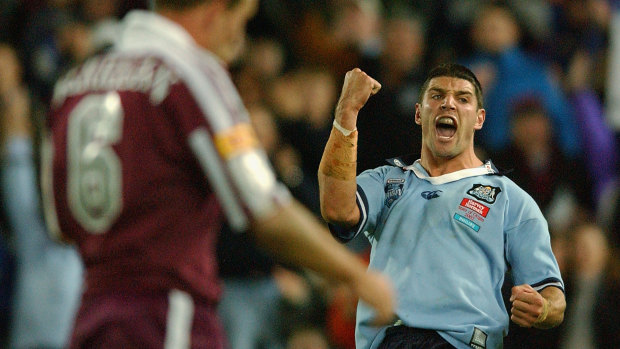 Trent Barrett celebrates victory over Queensland in Origin I in 2002.