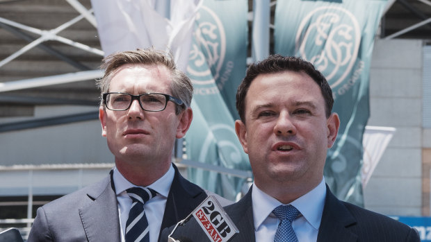 NSW Treasurer Dominic Perrottet and Minister for Sport Stuart Ayres discuss the demolition of the stadium.