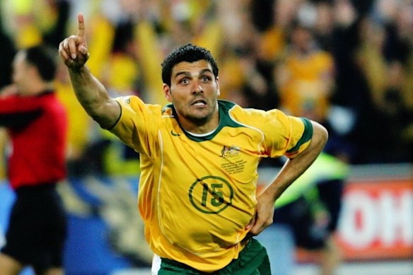 John Aloisi celebrates the Socceroos famous success over Uruguay in 2005.