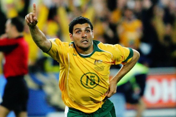 John Aloisi celebrates the Socceroos famous success over Uruguay in 2005.