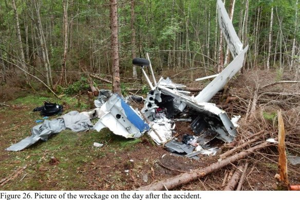 A picture of the wreckage of the 2019 Umea plane crash included in the Swedish investigation report.