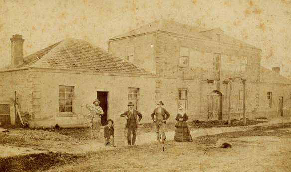 The Macaroni Factory circa 1870. Pietro Lucini, centre, with his nephew Cosmo, kneeling, and at right Giacomo Lucini and his wife, Rosa.