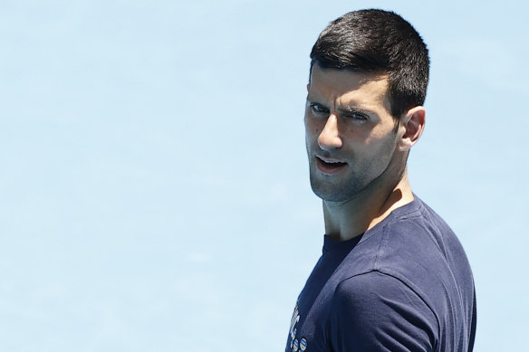 Novak Djokovic training in Melbourne yesterday. 