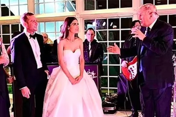 Donald Trump speaking at the wedding reception of Max Miller and Emily Moreno in 2022.