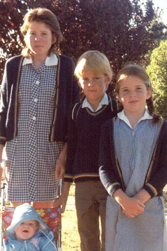 Emma Bates (far left) with her younger siblings on the first day of the school year. 