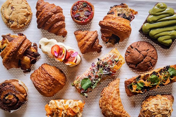 Pastries including pandan kaya croissant toast and mushroom rendang hand pie.