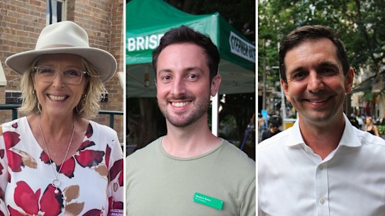 Composite of Brisbane seat candidates (from left) Madonna Jarrett (Labor); Stephen Bates (Greens); and Trevor Evans (Liberal).