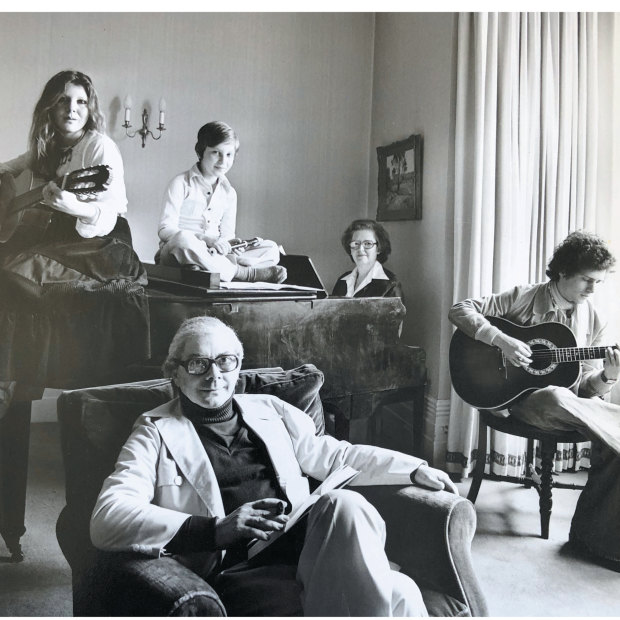 Living for music: writer David Leser (on guitar) in his family’s London home in 1976, with mother Barbara, brother Daniel, sister Deborah and father Bernard. 