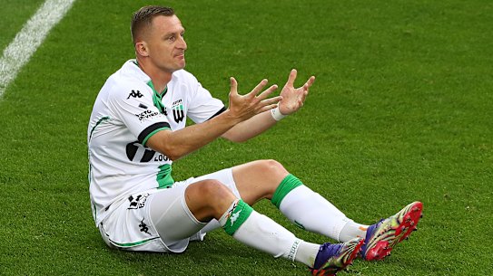 Besart Berisha reacts during the clash with Melbourne City.