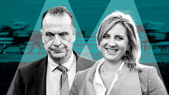 Racing NSW chief Peter V’landys and Vicky Leonard, managing director of The Thoroughbred Report.