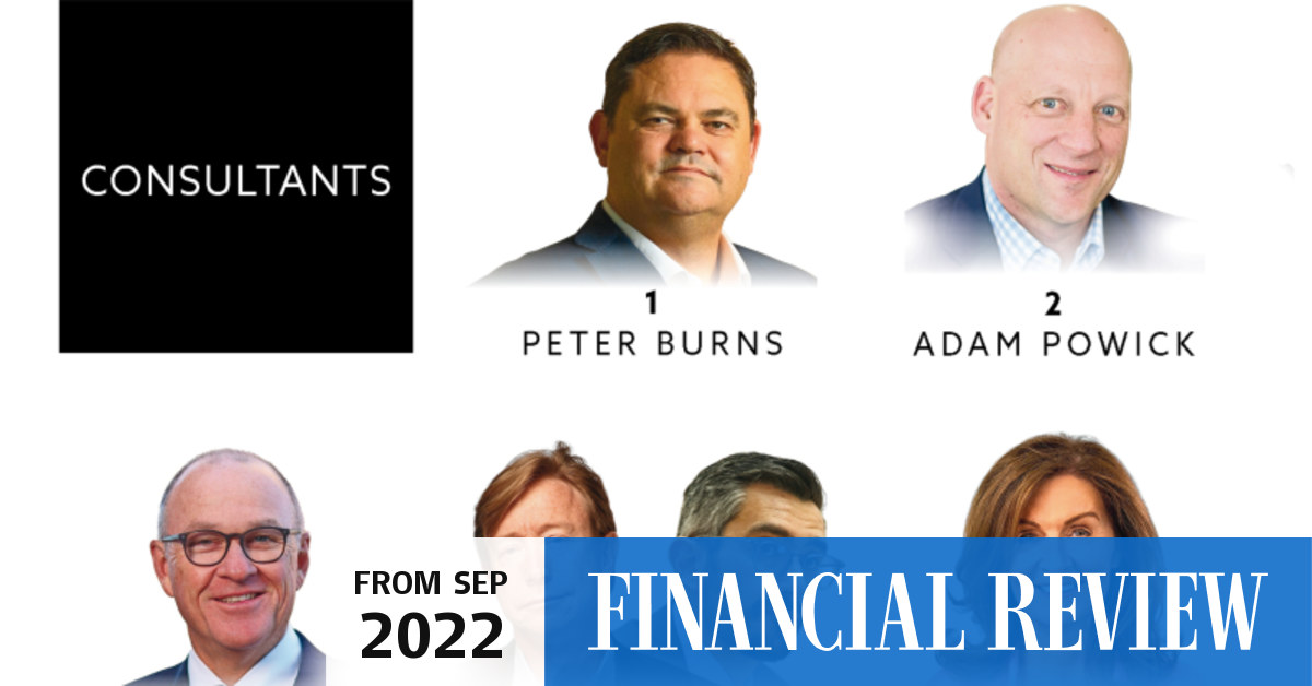 Australia's most powerful consultants in 2022 are Accenture's Peter Burns,  Deloitte's Adam Powick, PwC's Tom Seymour, Boston Consulting Group's Miguel  Carrasco and Patrick Forth, KPMG's Dorothy Hisgrove
