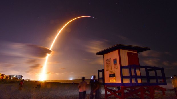 A Falcon 9 SpaceX rocket with a payload of 60 satellites for SpaceX’s Starlink broadband network, lifts off in Florida. 