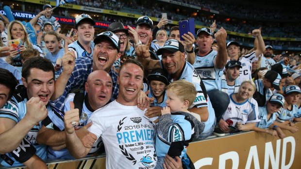 James Maloney with Cronulla fans after winning the 2016 grand final.