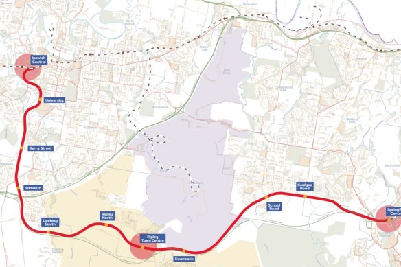 The proposed Ipswich Central to Springfield Central public transport corridor showing nine stations over a 25 kilometre route.