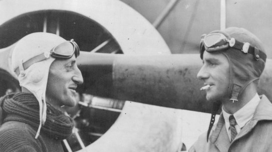 Henry Goya Henry (left) with fellow aviator George Littlejohn. It was Henry’s legal fight to keep his pilot’s licence that led to the 1937 referendum.