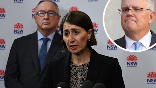 NSW Premier Gladys Berejiklian and NSW Health Minister Brad Hazzard at a COVID-19 update in Sydney with inset of Prime Minister Scott Morrison