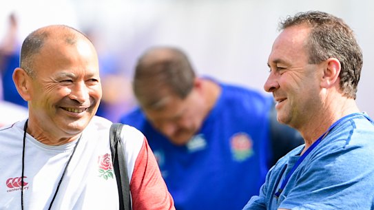 England coach Eddie Jones with Canberra NRL coach Ricky Stuart in England camp in Beppu.