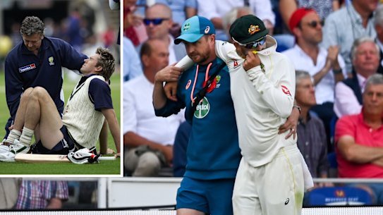 Inset: Glenn McGrath is treated by the physio at Edgbaston in 2005 after injuring his ankle.
Main: Nathan Lyon is helped from the field at Lord’s after injuring his calf in the second Test of the 2023 Ashes series.