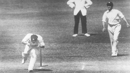 Australian cricketer Bert Oldfield is struck in the head by Harold Larwood during the Bodyline series.