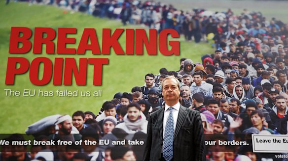 Leader of the UK Independence Party Nigel Farage with the infamous "Breaking Point" poster during the Brexit campaign.