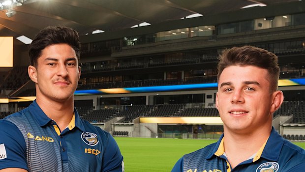 Eels stars Dylan Brown and Reed Mahoney at Bankwest Stadium.