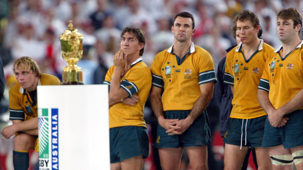 Former league star Mat Rogers watches on as England claim the Rugby World Cup in 2003.