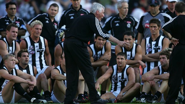 Collingwood coach Mick Malthouse tries to rev up the 'troops' during a 2005 Anzac Day clash with Essendon.