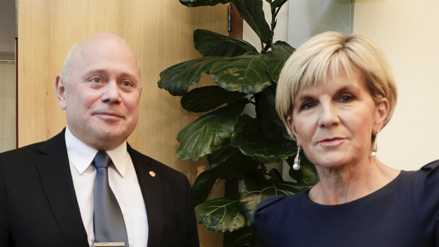 Then foreign affairs minister Julie Bishop, pictured here with Russian Ambassador Grigory Logvinov, expelled two Russian diplomats after concerns they were "undeclared intelligence officers".