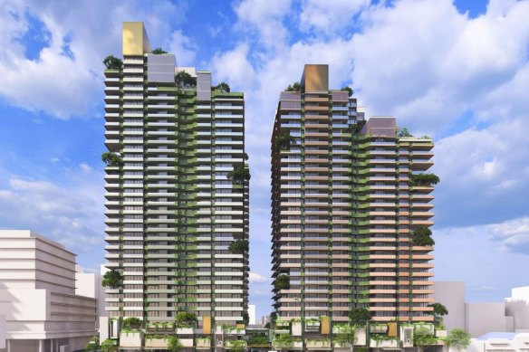 An artist’s impression of two of the three towers proposed for Newstead, as seen from the Stratton Street side (with the buildings opposite removed).