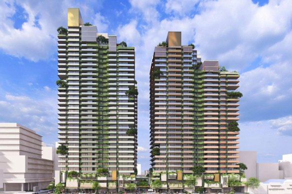 An artist’s impression of two of Little Italy’s three proposed towers. The Triffid is visible in the bottom right corner.