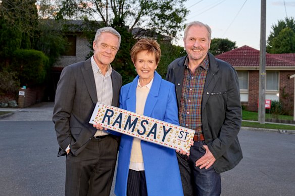 Stefan Dennis, Jackie Woodburne and Alan Fletcher in the final episode of Neighbours.