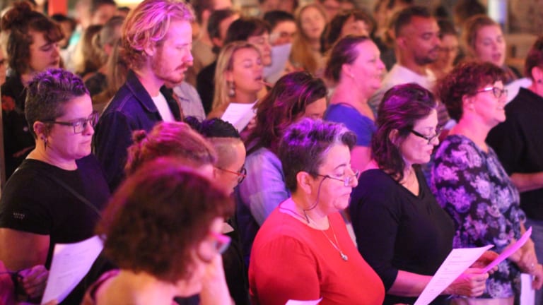 Participants in the Welcome Choir's Newtown event, held the first Tuesday of every month.