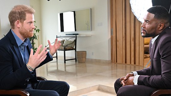 Prince Harry, left, explaining his position, during an interview with “Good Morning America” co-host Michael Strahan.