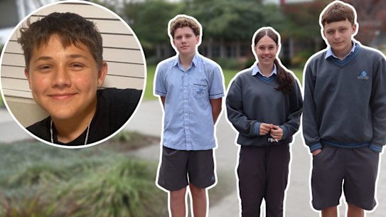 Hammond Park Secondary College students Phoenix, Macy and Diesel homepage image with inset of friend Leon, who died from bone cancer in 2024. 