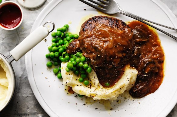 Salisbury steaks with mushroom and onion gravy.