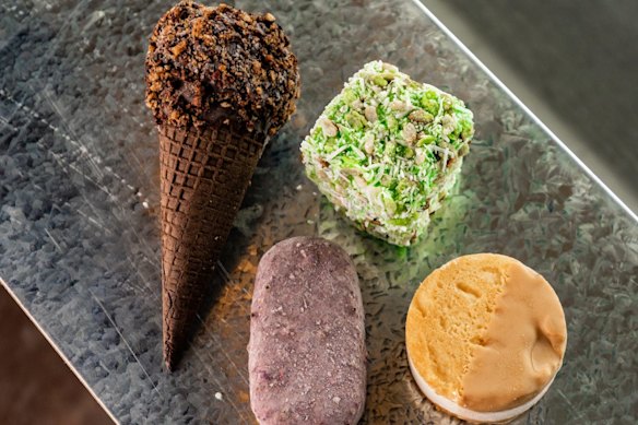Ube “Halaytime”, “YemaBon”, “Pandamington” and “ChamTop” ice-creams at the original Kariton Sorbetes in Footscray. 