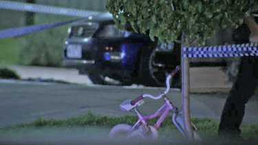 A small children's bicycle at the scene of the tragedy on Friday night.