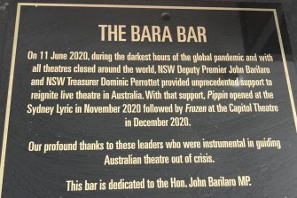 A plaque at the newly renamed Bara Bar at the Lyric in honour of former NSW deputy premier John Barilaro.